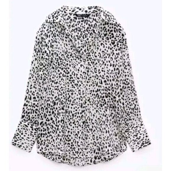 Zara Satin Effect Animal Print Shirt/Blouse Black White cheetah Medium 7969 040 - Picture 6 of 8